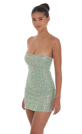 Strapless Sequin Beaded Dress in Sage Green