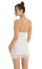 Sequin Feather Fringe Bodycon Dress in White