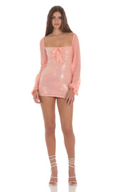 Sequin Balloon Sleeve Bodycon Dress in Coral