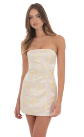 Satin Jacquard Strapless Dress in Champagne