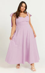 Tymia Midi Dress Shoulder Tie Bustier Shirred Back A Line in Lavender