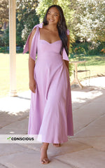 Tymia Midi Dress Shoulder Tie Bustier Shirred Back A Line in Lavender