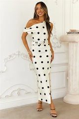 Meet Your Dream Off Shoulder Satin Midi Dress Ivory