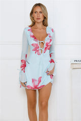 Ocean Flower Long Sleeve Mesh Mini Dress Blue