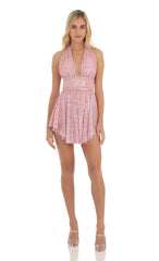 Sequin Halter Dress in Pink