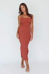 Frieda Cowl Neck Side Split Ribbed Midi Dress Rust