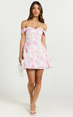 Alkie Mini Dress Off Shoulder Sweetheart Neck Fit & Flare Dress in Print