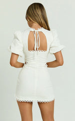 Laila Mini Linen Blend Dress High Neck Side Cut Out Puff Sleeve Straight Dress in Off White