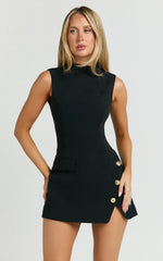 Langley Mini Dress Sleeveless High Neck Faux Wrap Tulip Dress in Black